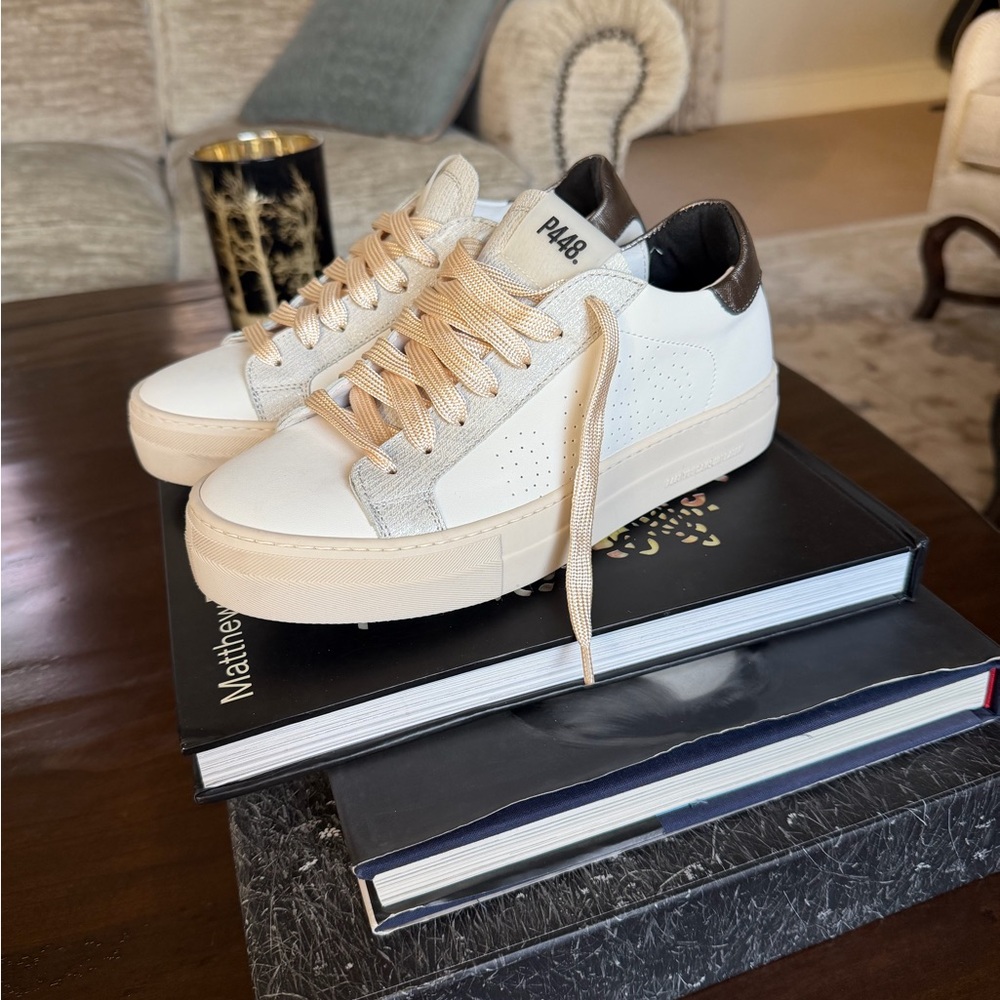 P448 White Leather Sneakers with Beige Accents and Dark Brown Heel